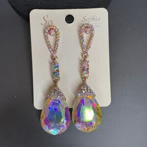 Crystal AB Aurora Borealis Statement Dangle Earrings Pierced Glass 3"